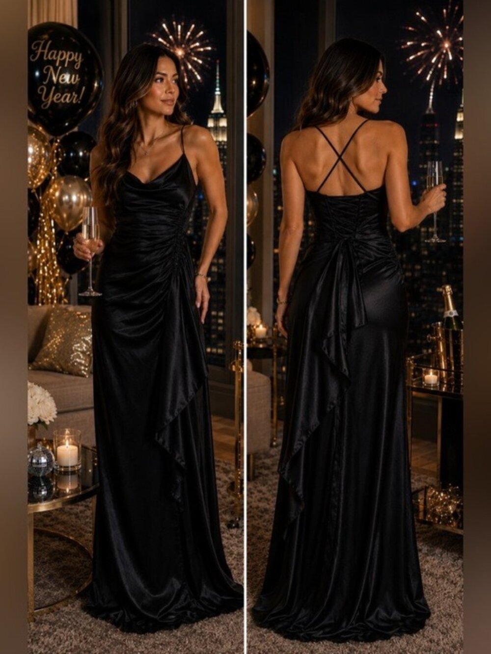 Babyboo Black Satin Ruched Draped Corset Lace Up Back Maxi Dress Medium
